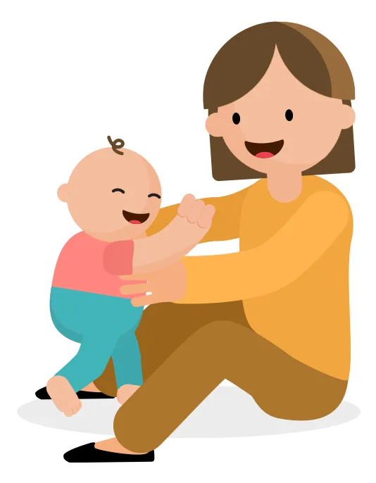 A parent cuddling a giggling baby on their lap