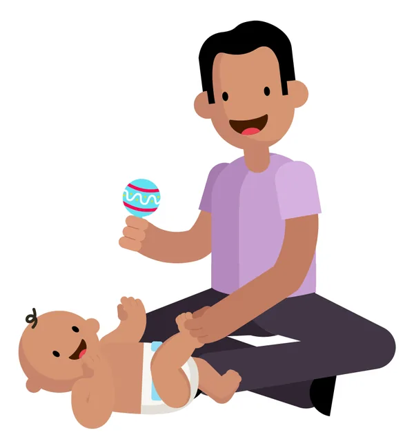 A father shaking a rattle for his laughing baby during floor time